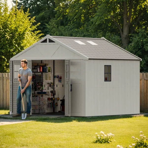 10x10_kick-it_plastic_shed_scene Patiowell 10x10 FT Plastic Storage Shed with Skylight & Windows & Lock