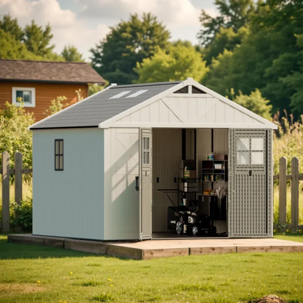 10x10_kick-it_plastic_shed_scene3 Patiowell 10x10 FT Plastic Storage Shed with Skylight & Windows & Lock