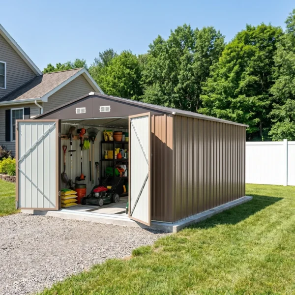 10x12_metal_shed_brown_with_floor_scene3 Patiowell 10x12 Metal Shed with Floor Frame, Brown