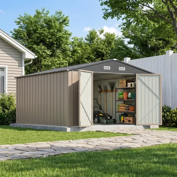 10x12_metal_shed_brown_with_floor_scene4 Patiowell 10x12 Metal Shed with Floor Frame, Brown