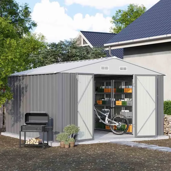 Patiowell 10x10 Metal Storage Shed with Floor Frame, Gray