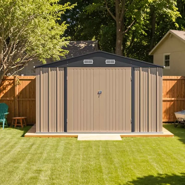 patiowell-10x12-large-storage-metal-shed-khaki-scene-5 Patiowell 10x12 Metal Shed with Floor Frame, Brown