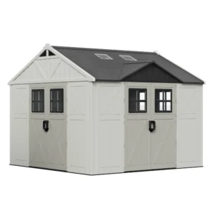 product_10x10_plastic_shed_with_3_door_main Patiowell 10x10ft Triple-Door Access Plastic Storage Shed with 3 Doors & Windows, Beige