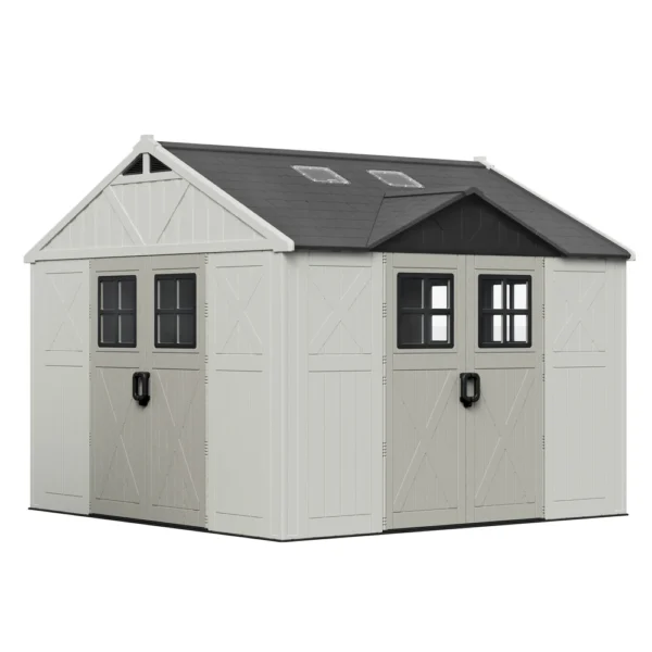 Patiowell 10x10ft Triple-Door Access Plastic Storage Shed with 3 Doors & Windows, Beige