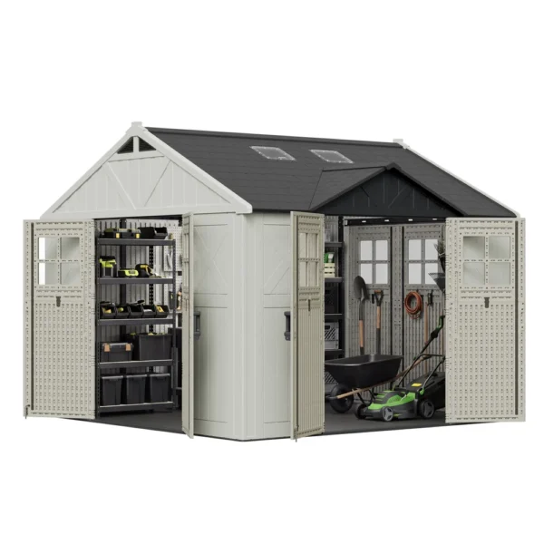 Patiowell 10x10ft Triple-Door Access Plastic Storage Shed with 3 Doors & Windows, Beige
