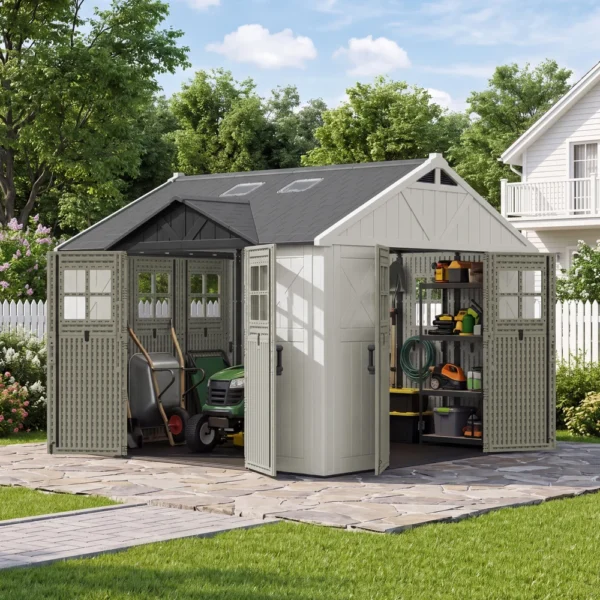 Patiowell 10x10ft Triple-Door Access Plastic Storage Shed with 3 Doors & Windows, Beige